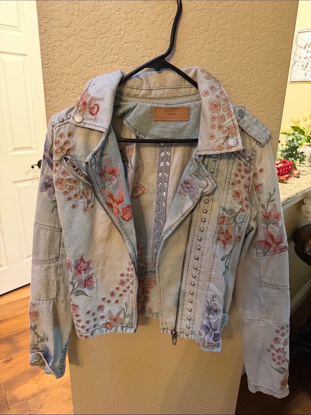 Blank NYC Light Wash Embroidered Floral Moto Jacket